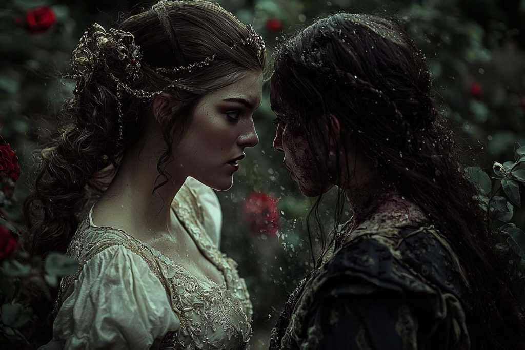 Confrontation between Princess Milantri and Ayamira in a rose garden.